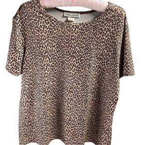 Stephanie Andrews Leopard Print Vintage Top, Scoop Neck Size L, Brown and Black